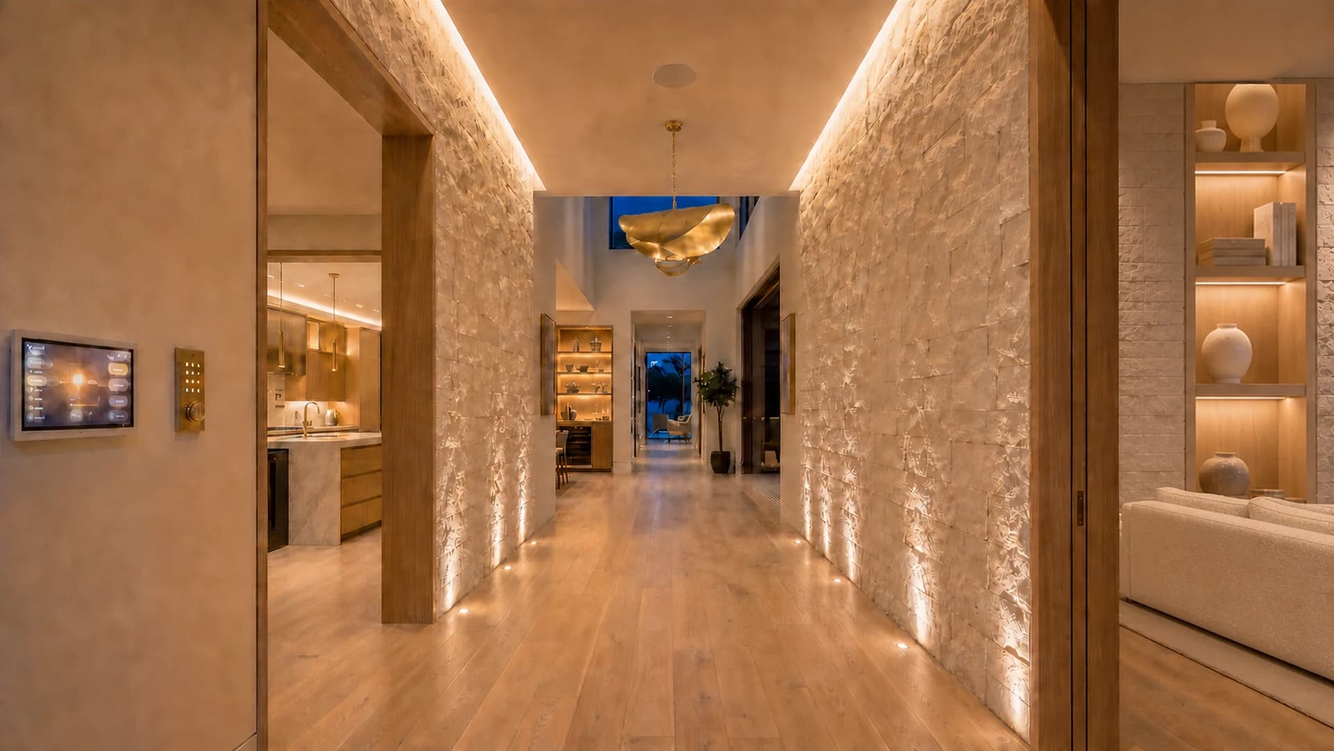 Concept visualization of a warm stone-walled foyer with cove lighting, a pendant chandelier, and an in-wall control keypad