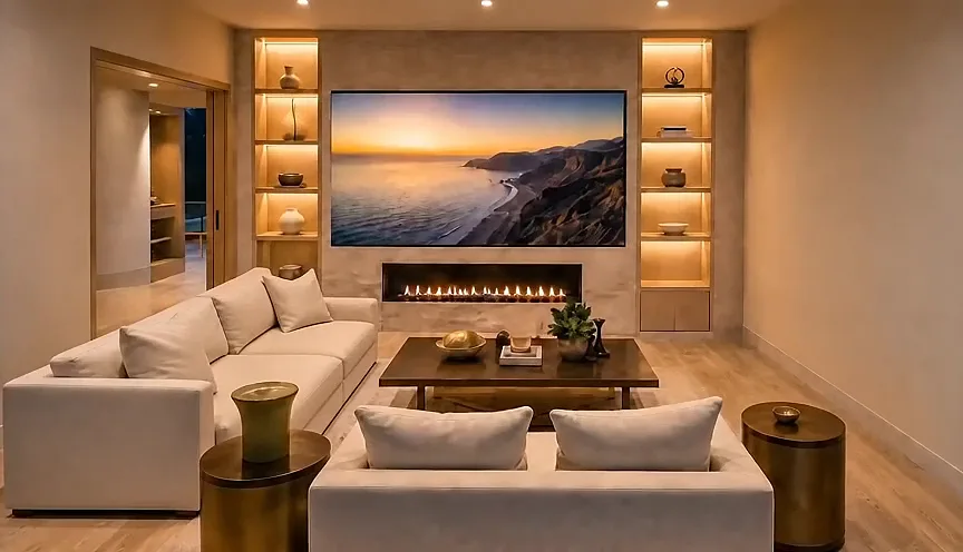 Concept visualization of a refined living room with a large integrated display above a linear fireplace and backlit shelving