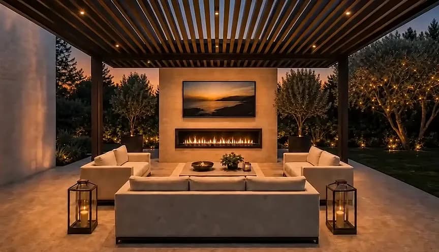 Concept visualization of a covered outdoor lounge at dusk with a display above a linear fire feature and lantern-lit seating