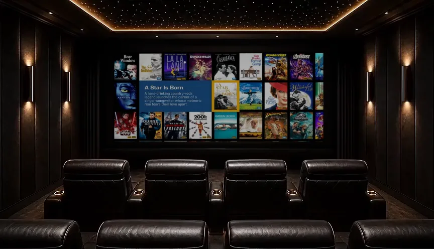 Concept visualization of a private cinema with tiered leather seating, a starlight ceiling, and a movie library on screen