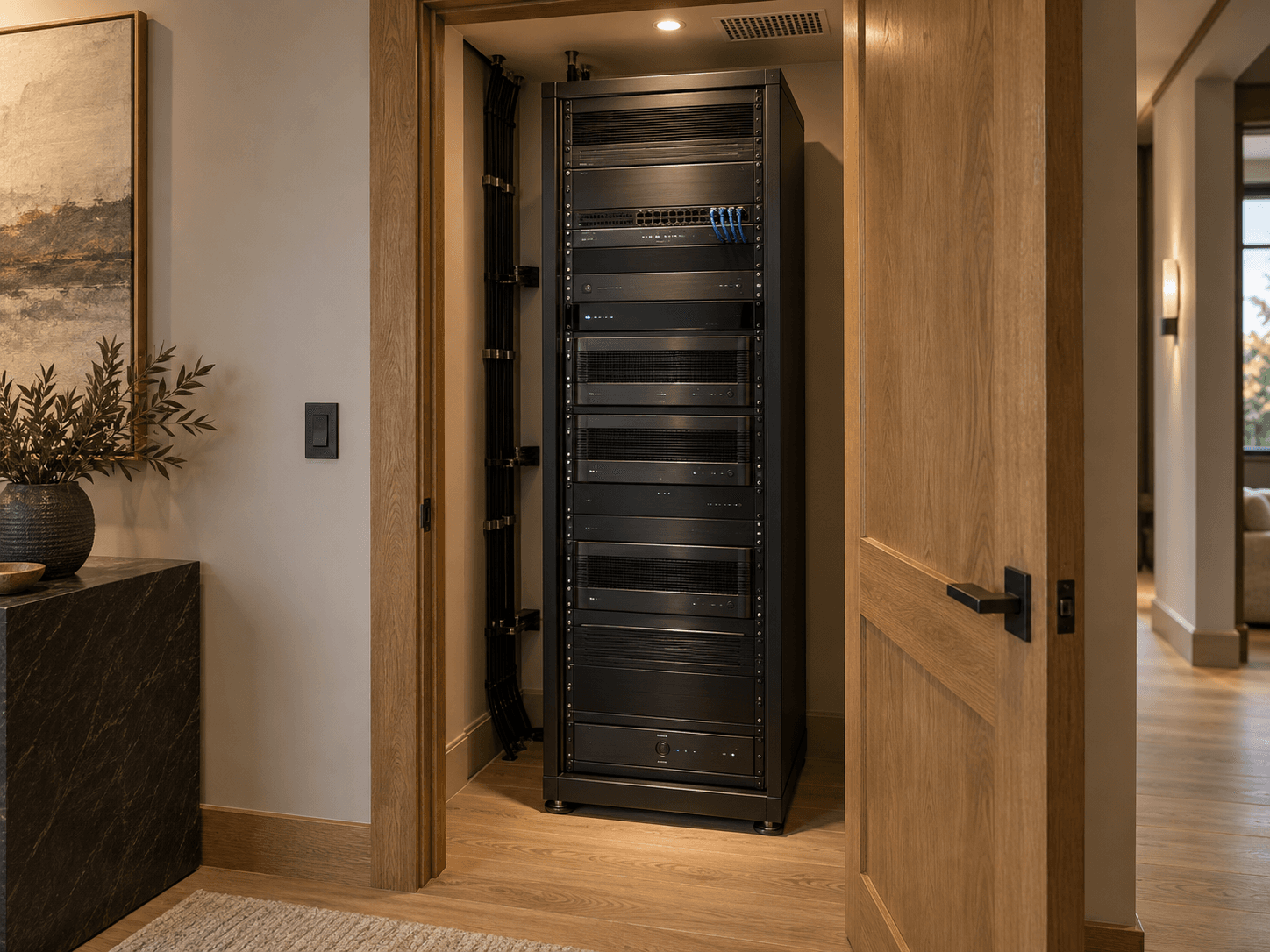Concept visualization of a full-height black whole-home AV equipment rack with neatly organized wiring in a warm oak-trimmed equipment closet