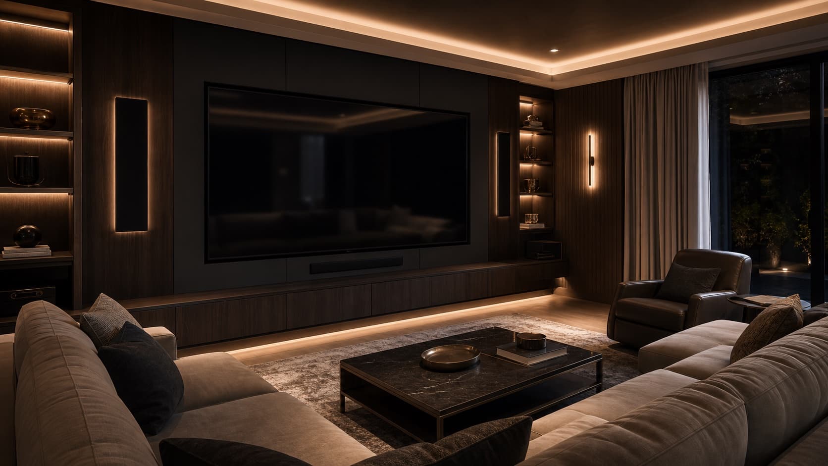Concept visualization of an everyday media room with a large wall-mounted display, backlit shelving, and motorized shades