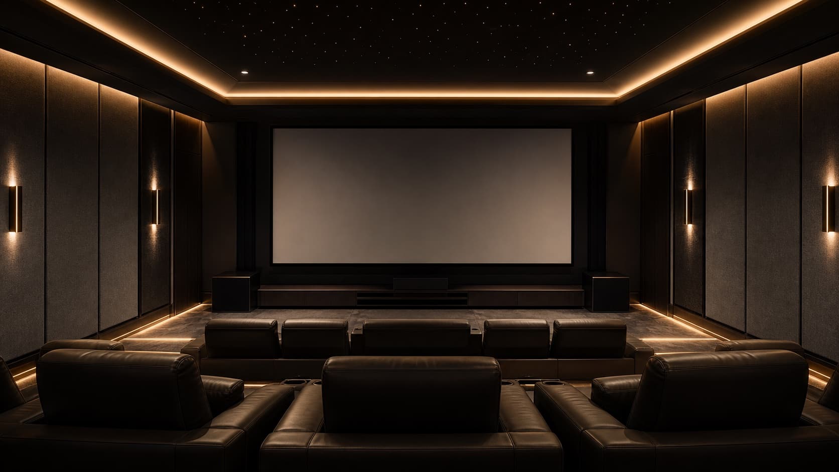 Concept visualization of a private cinema with tiered leather seating, fabric acoustic panels, and a star-field ceiling
