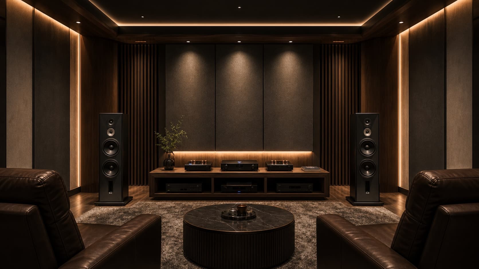Concept visualization of a luxury listening room with floor-standing speakers, fabric acoustic panels, warm cove lighting, and a low equipment console