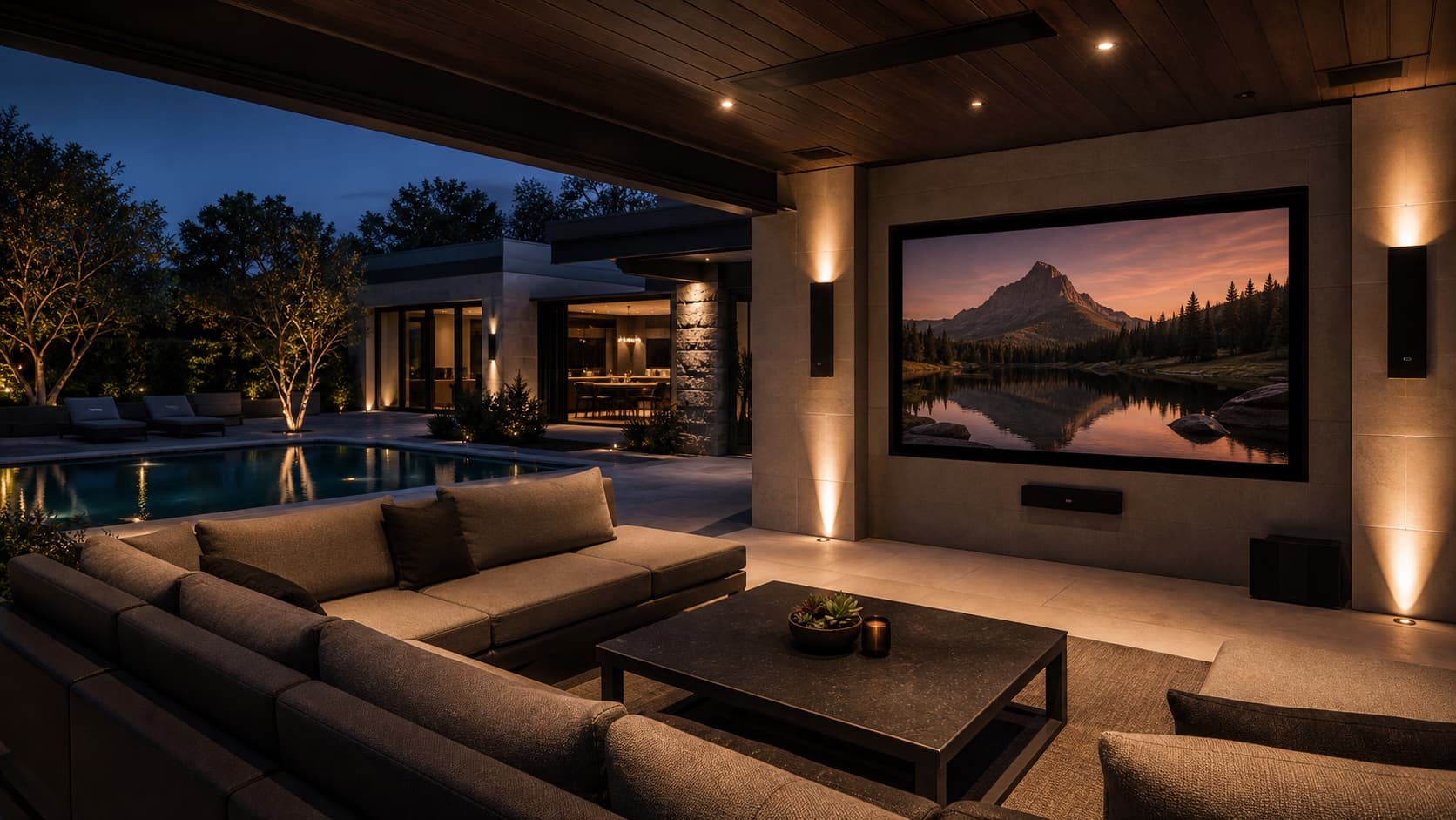 Concept visualization of a covered poolside patio at dusk with an outdoor display, lounge seating, and landscape lighting