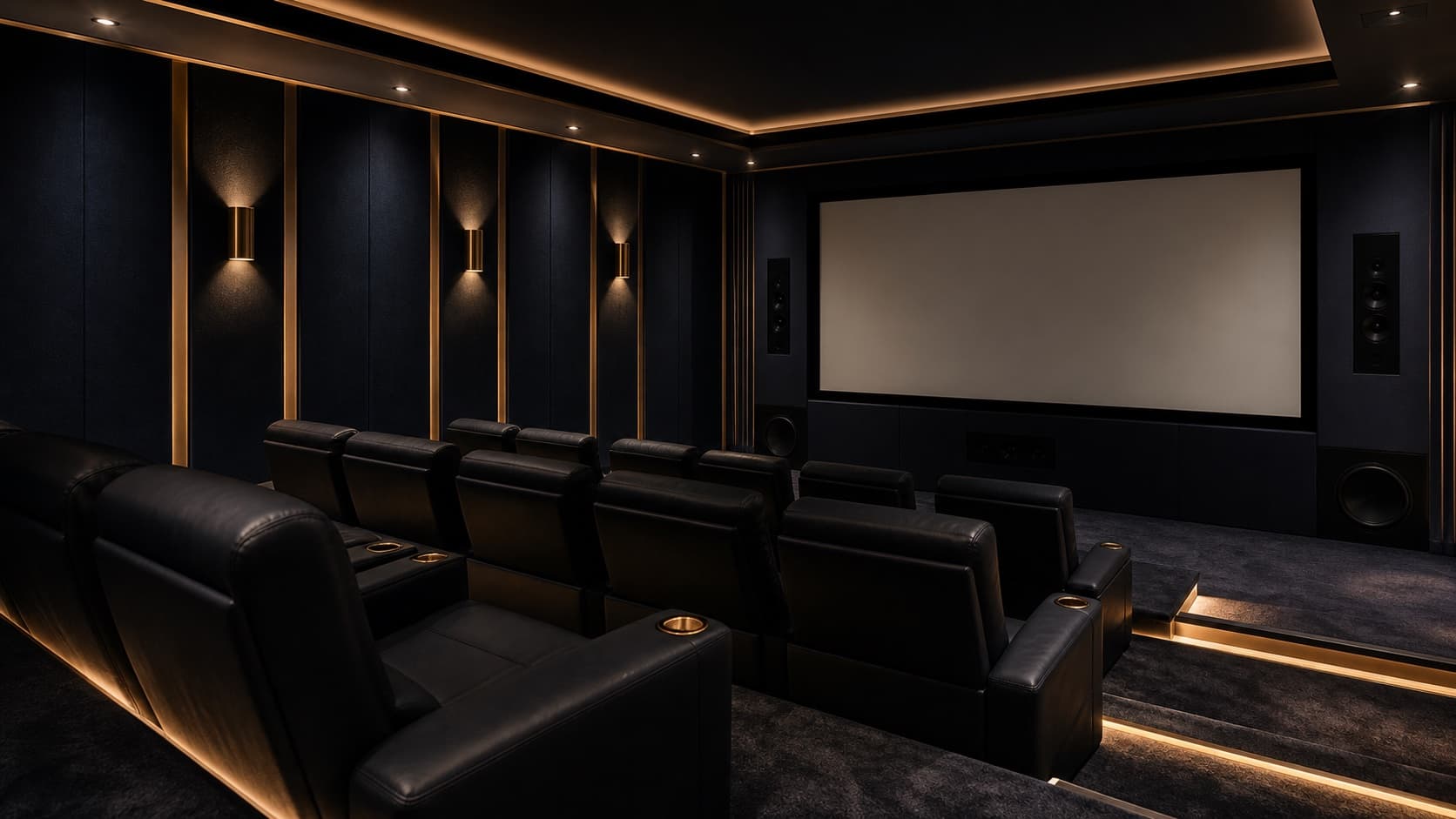Concept visualization of a dedicated home theater with tiered leather recliners, brass wall sconces, acoustic wall panels, and gold step lighting leading to the screen