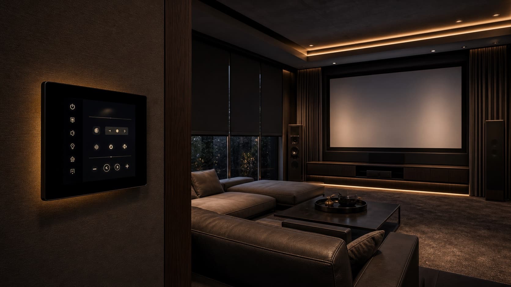 Concept visualization of an in-wall smart home touch panel controlling a media room with motorized shades and warm scene lighting